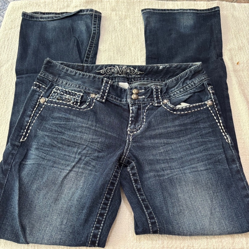 Maurices Premium Bootcut Jeans Dark Wash Rhinestone Embellished 9/10 Long Y2K - Picture 3 of 8